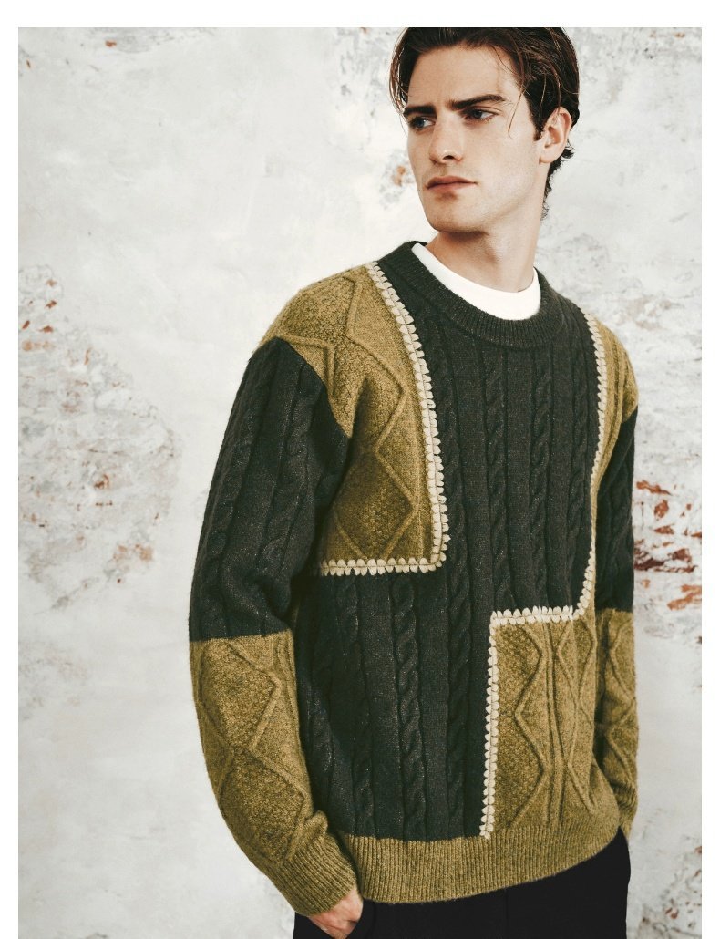 Men’s Retro Casual Contrast Color Patchwork Round Neck Knitwear