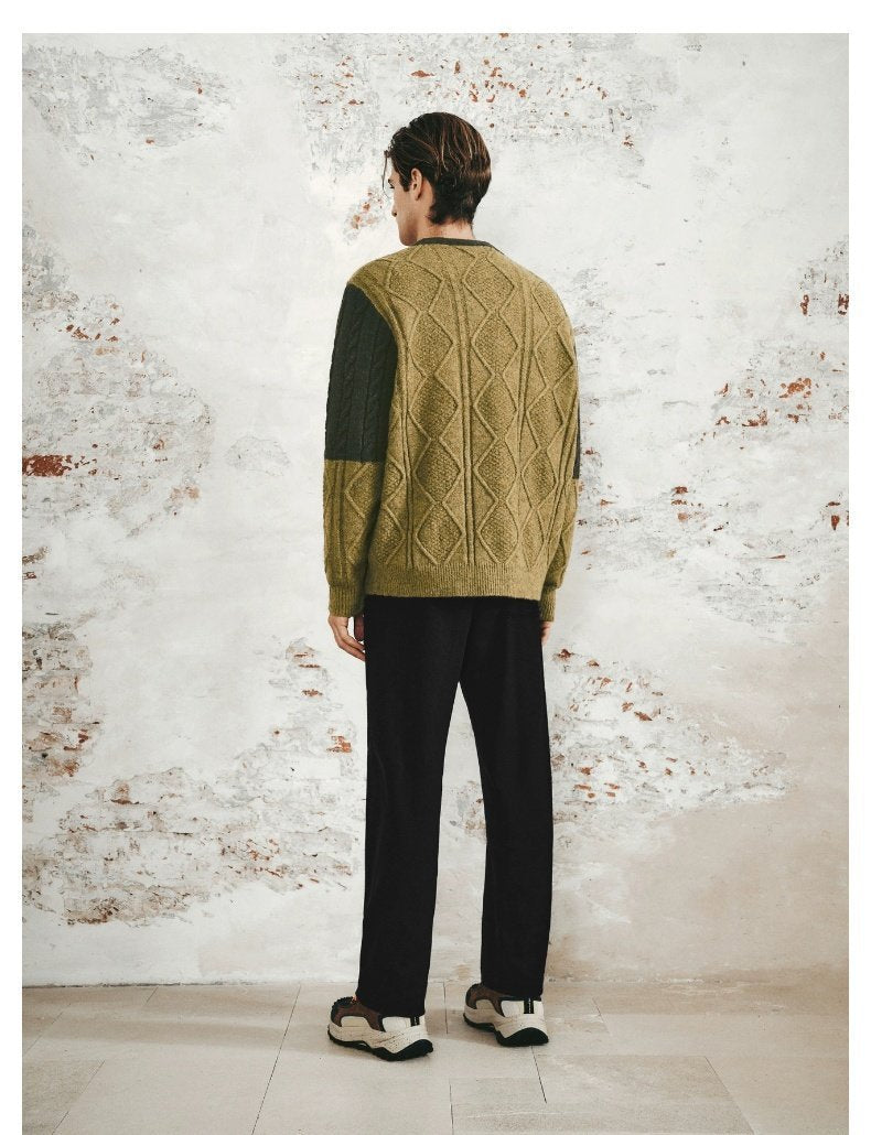 Men’s Retro Casual Contrast Color Patchwork Round Neck Knitwear