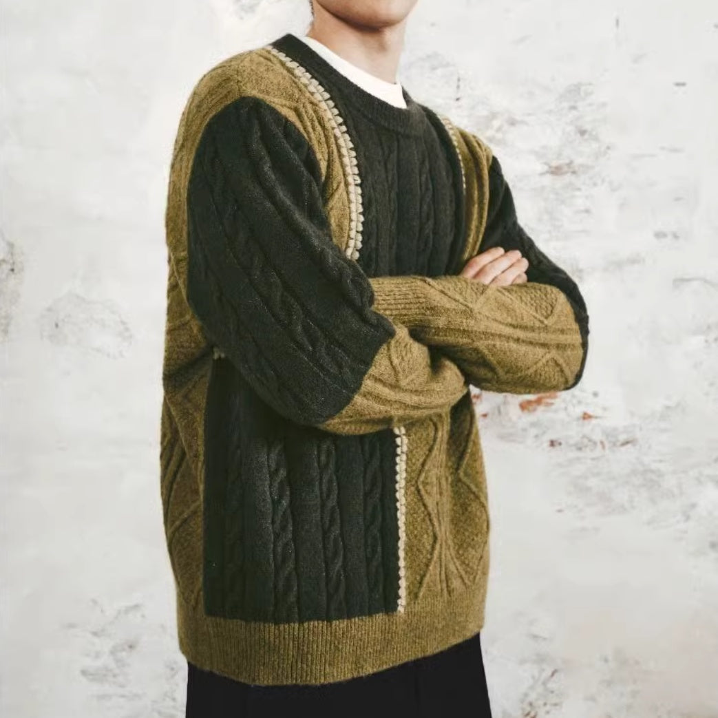 Men’s Retro Casual Contrast Color Patchwork Round Neck Knitwear
