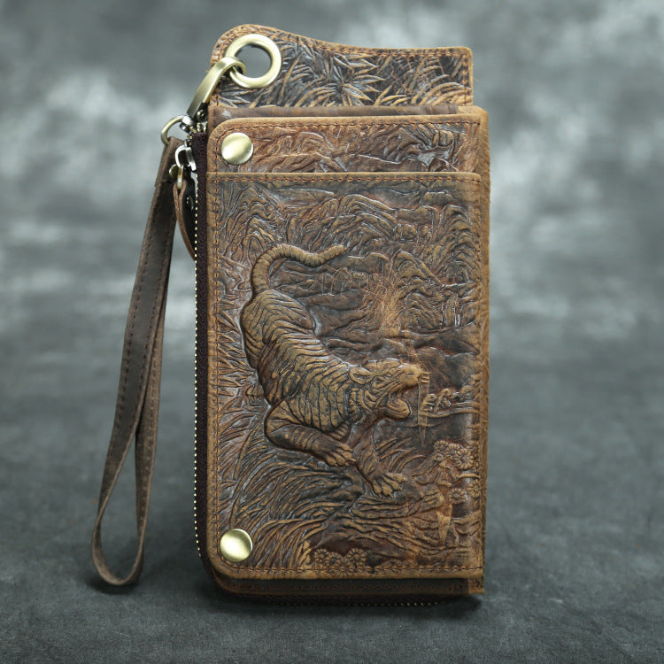 Men’s Retro Multi-Card Color Changing Vintage Bracelet Long Zipper Wallet - Tiger stripe brown
