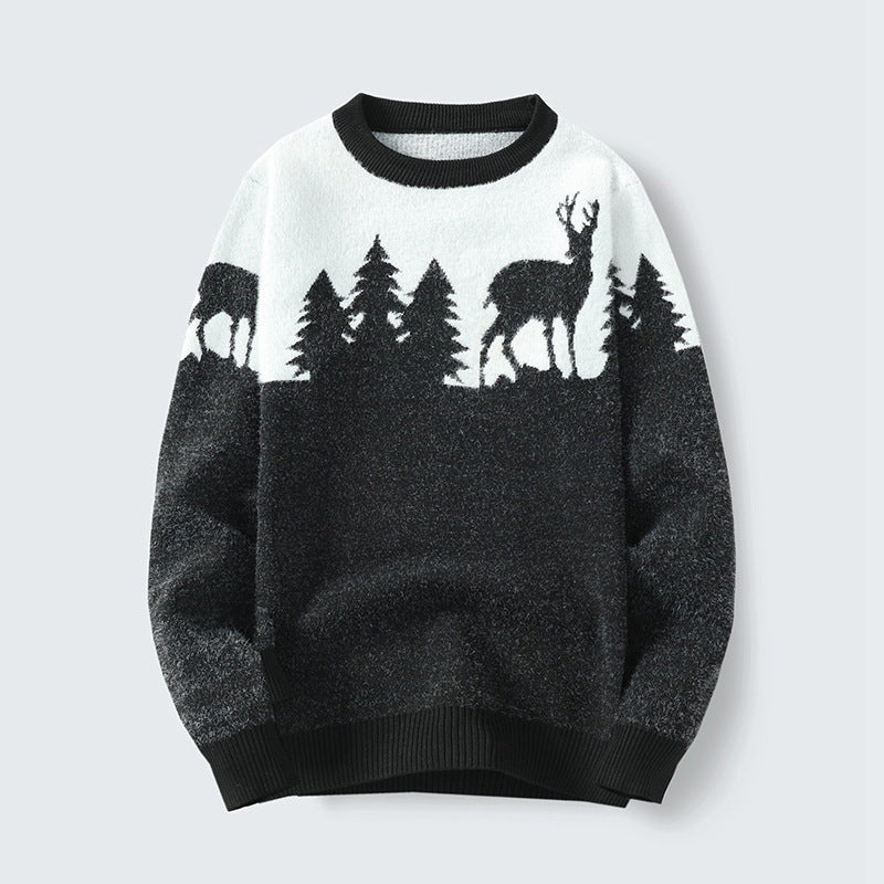 Men’s Round Neck Jacquard Pullover Sweater - Black / M