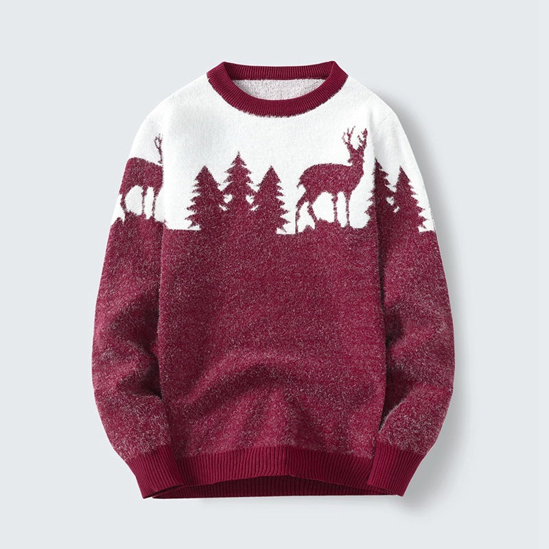 Men’s Round Neck Jacquard Pullover Sweater - Wine Red / M