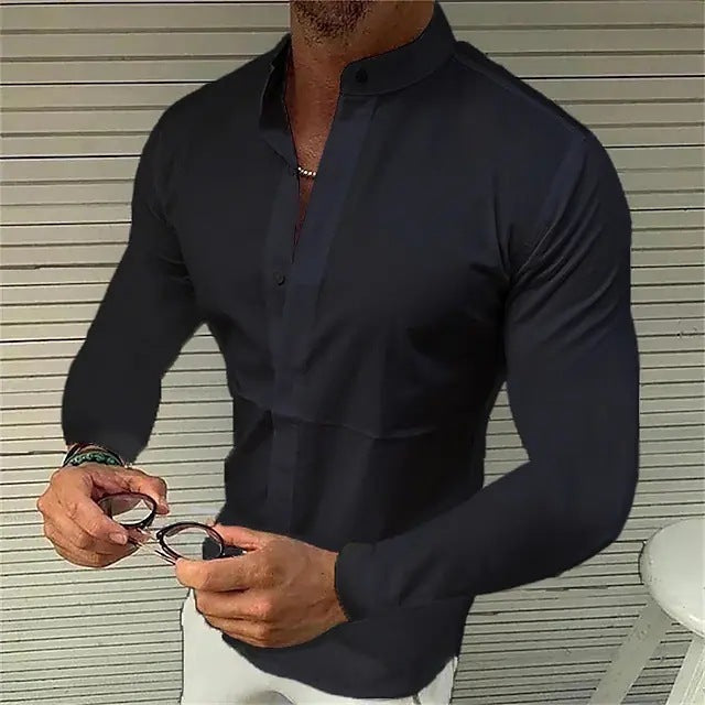 Men’s Shirt Made Of Pure Colored Imitation Silk Fabric - Black / S