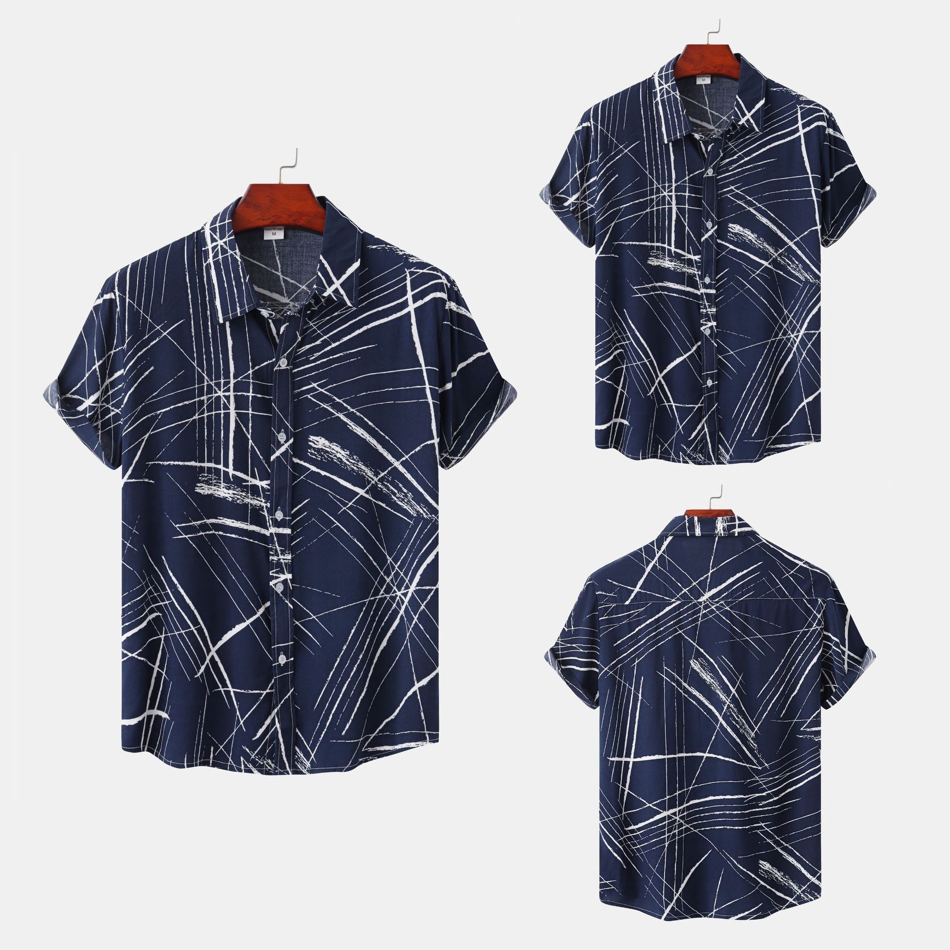 Men’s Shirt Short Sleeve Lapel Check Print - Navy Blue / M