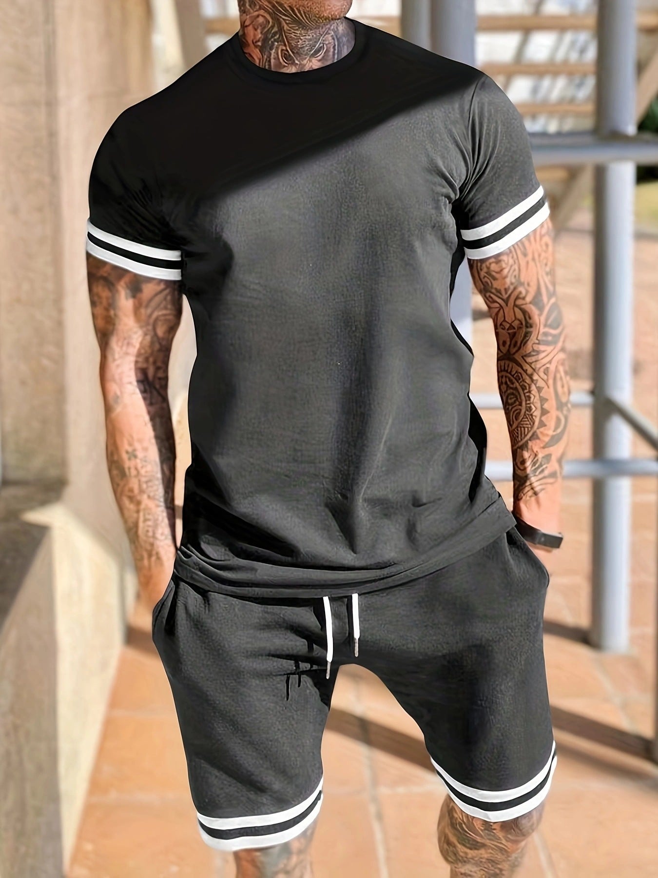 Men’s Short-sleeved T-shirt Casual Shorts Two-piece Set - Dark Gray / S
