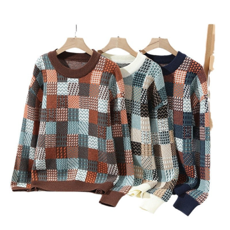 Men’s Simple Casual Plaid Printed Thick Warm Sweater