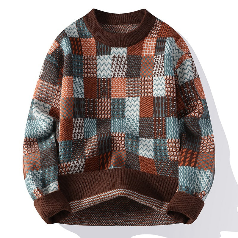 Men’s Simple Casual Plaid Printed Thick Warm Sweater - 8638 Brown / M