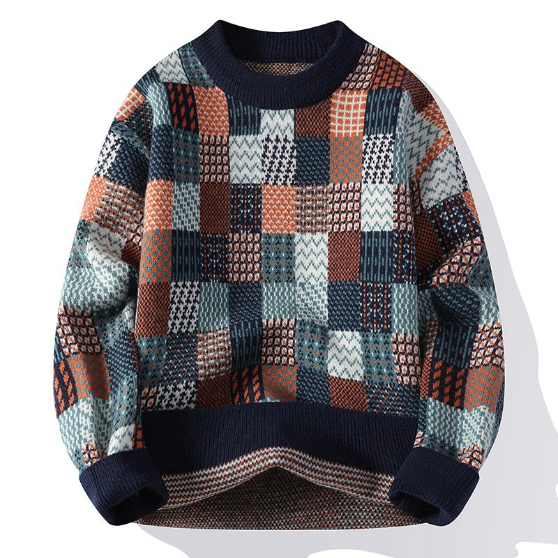 Men’s Simple Casual Plaid Printed Thick Warm Sweater - 8638 Navy Blue / M