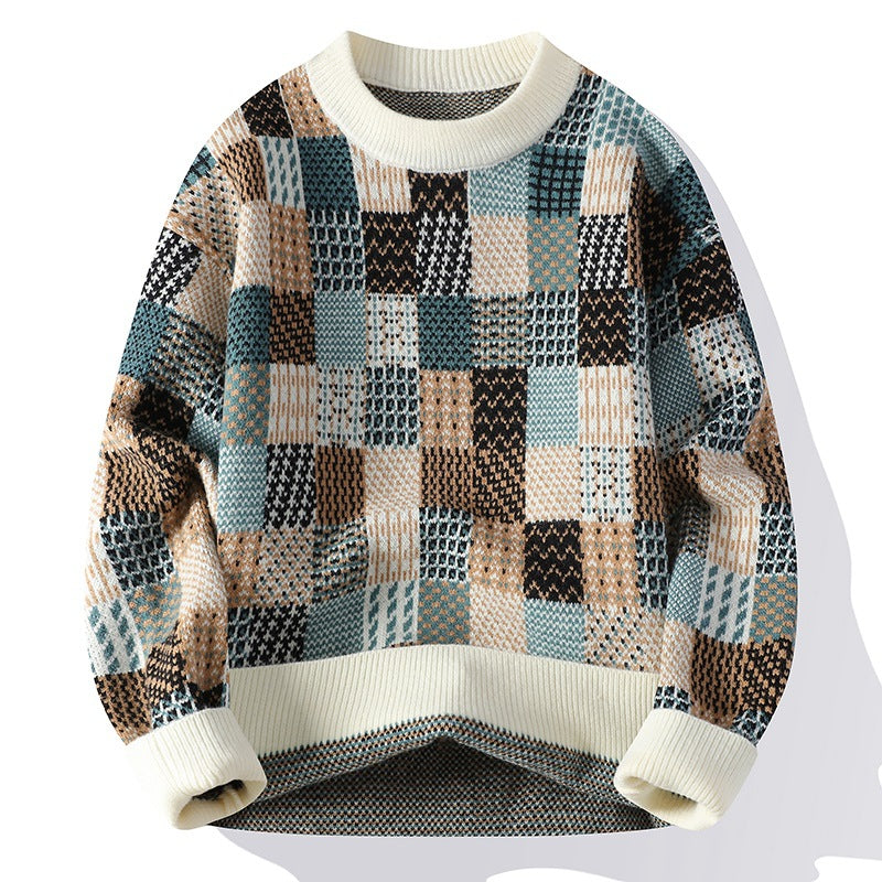 Men’s Simple Casual Plaid Printed Thick Warm Sweater - 8638 White / M