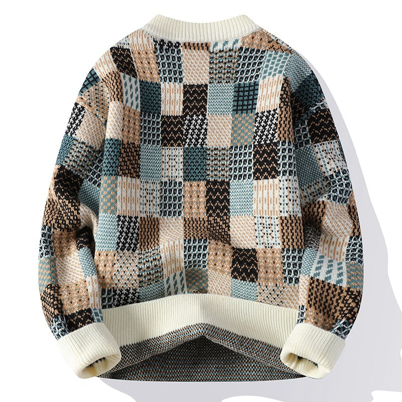 Men’s Simple Casual Plaid Printed Thick Warm Sweater