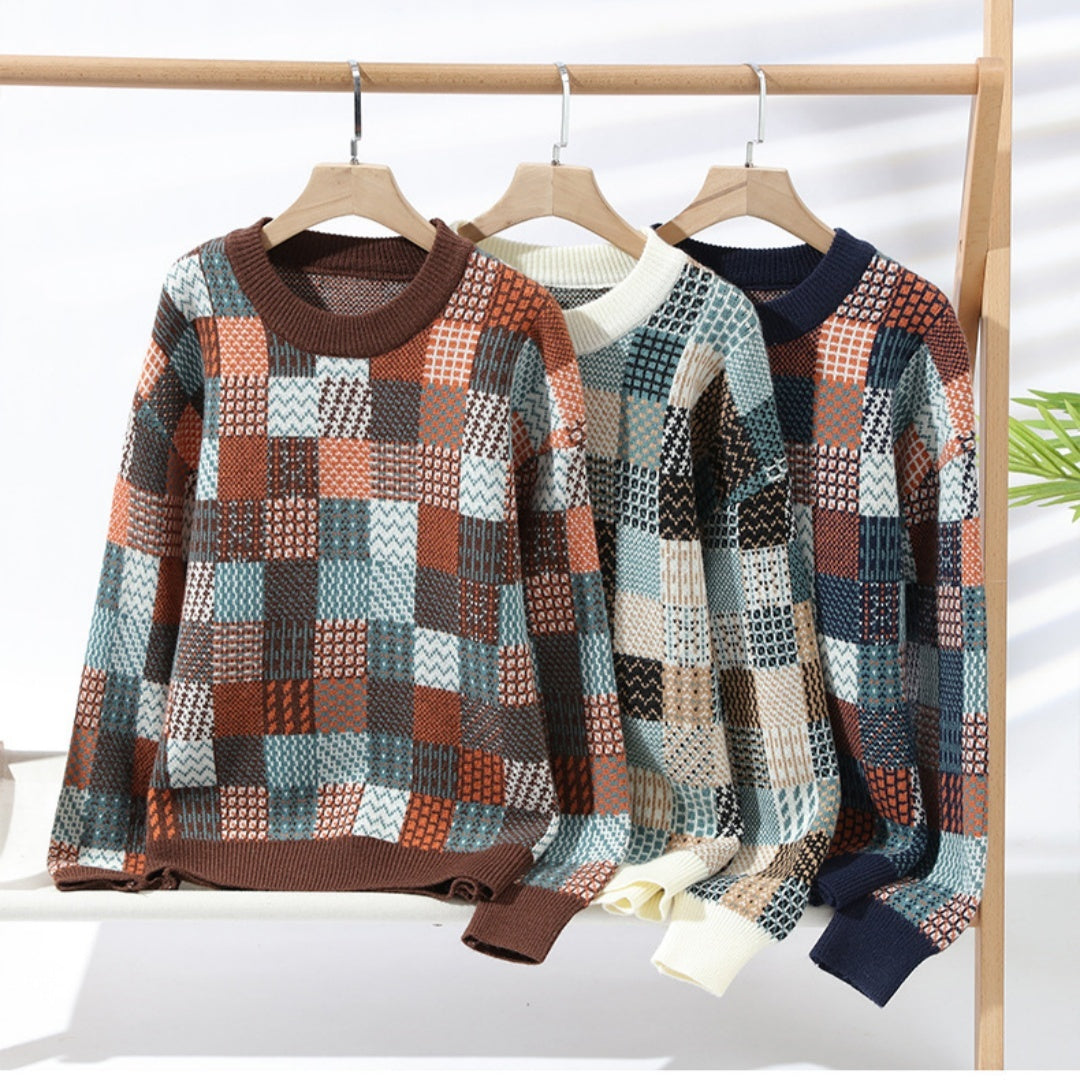 Men’s Simple Casual Plaid Printed Thick Warm Sweater