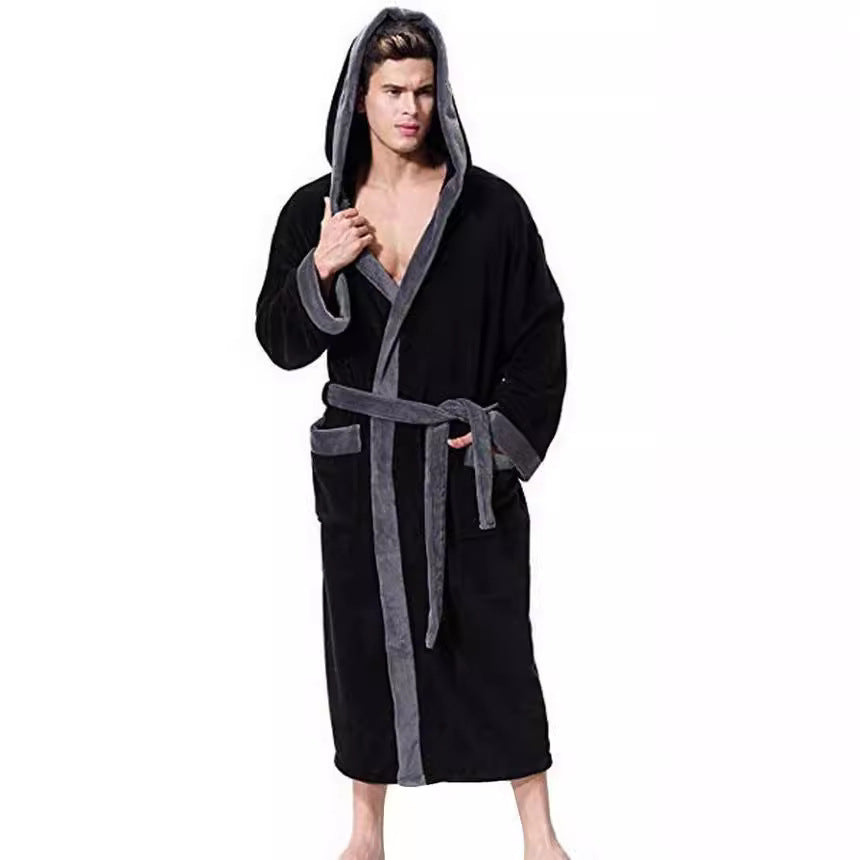 Men’s Simple Colorblock Hood Patch Pocket Bathrobe