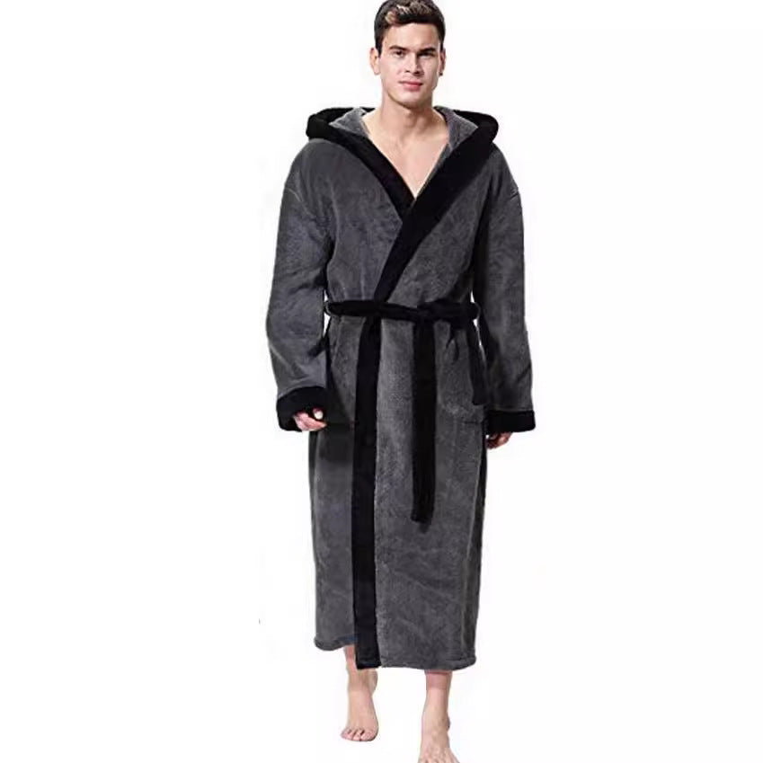Men’s Simple Colorblock Hood Patch Pocket Bathrobe