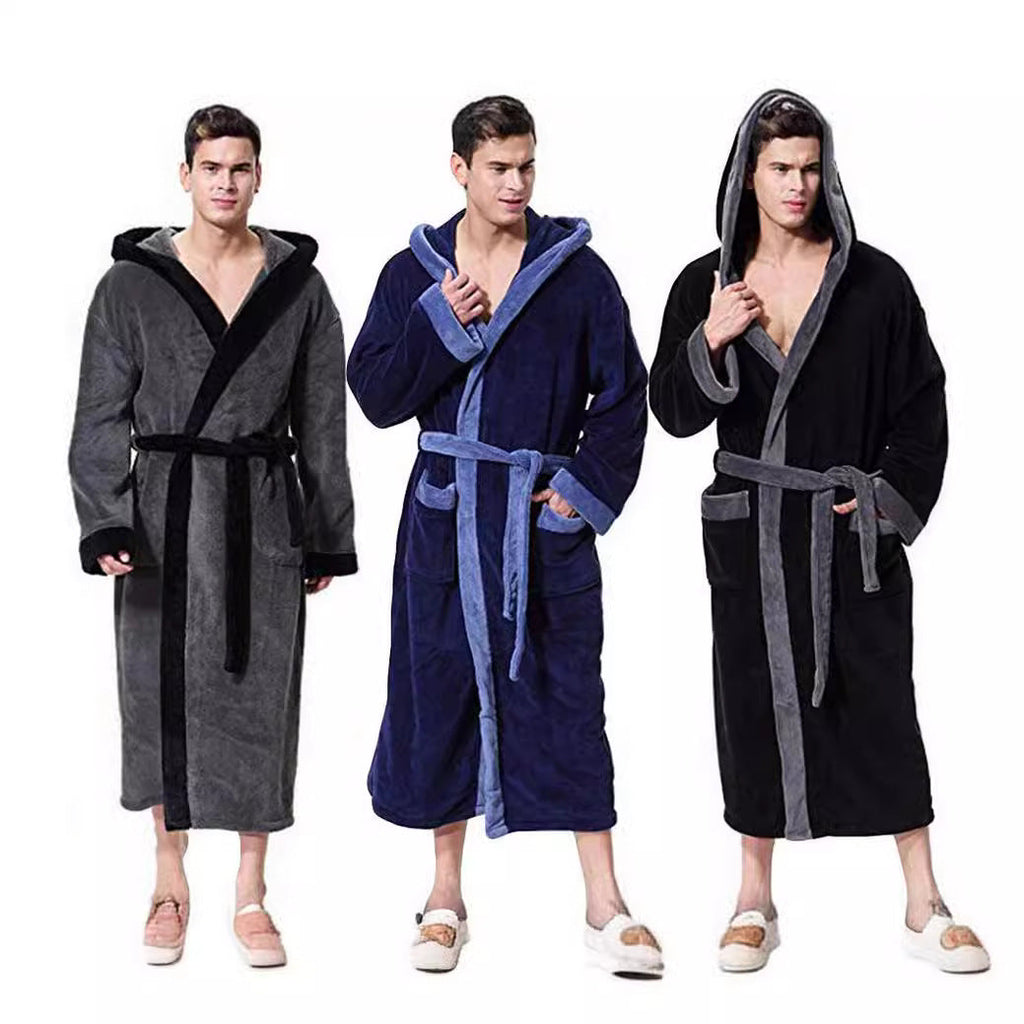 Men’s Simple Colorblock Hood Patch Pocket Bathrobe