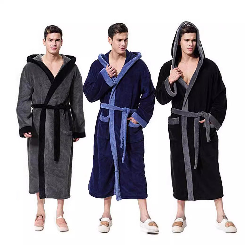 Men’s Simple Colorblock Hood Patch Pocket Bathrobe