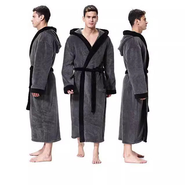 Men’s Simple Colorblock Hood Patch Pocket Bathrobe