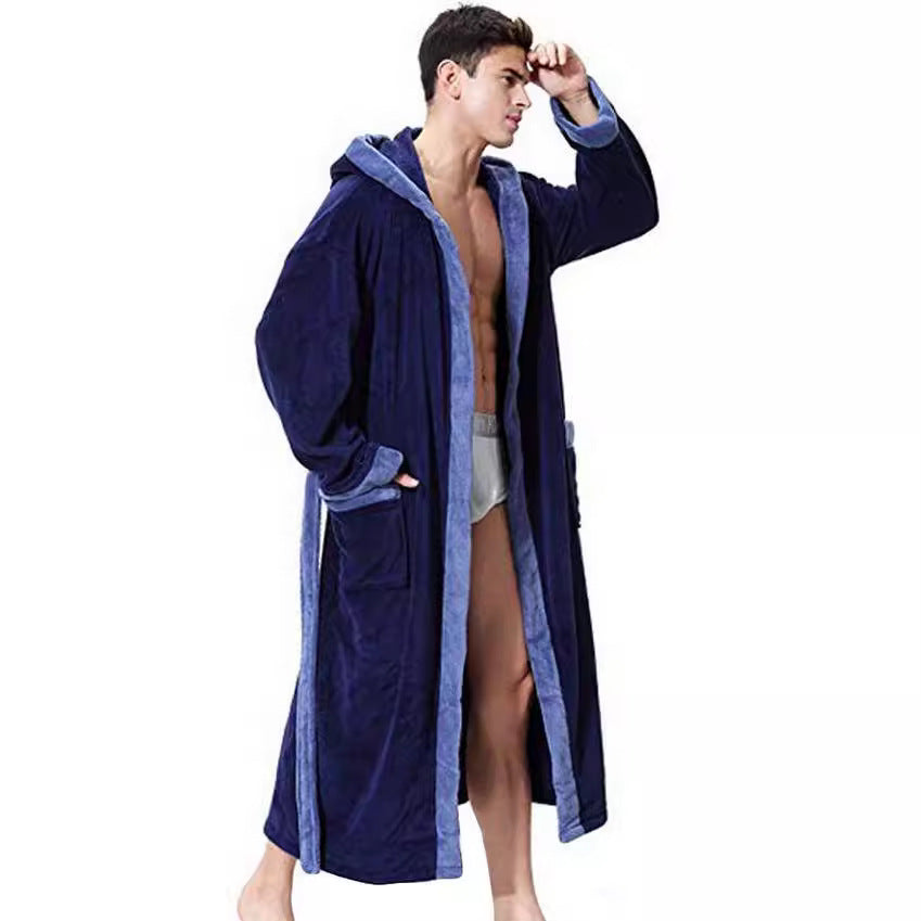 Men’s Simple Colorblock Hood Patch Pocket Bathrobe