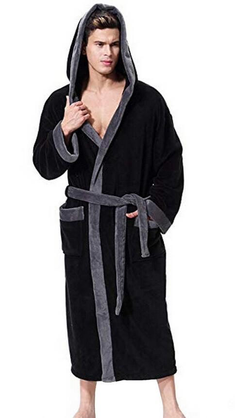 Men’s Simple Colorblock Hood Patch Pocket Bathrobe - Black / S