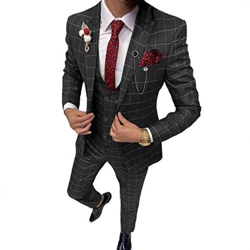Men’s Simple Versatile Lattice Suit Three-piece Suit