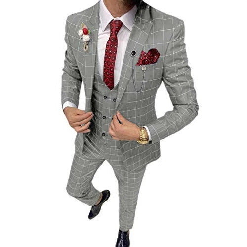Men’s Simple Versatile Lattice Suit Three-piece Suit