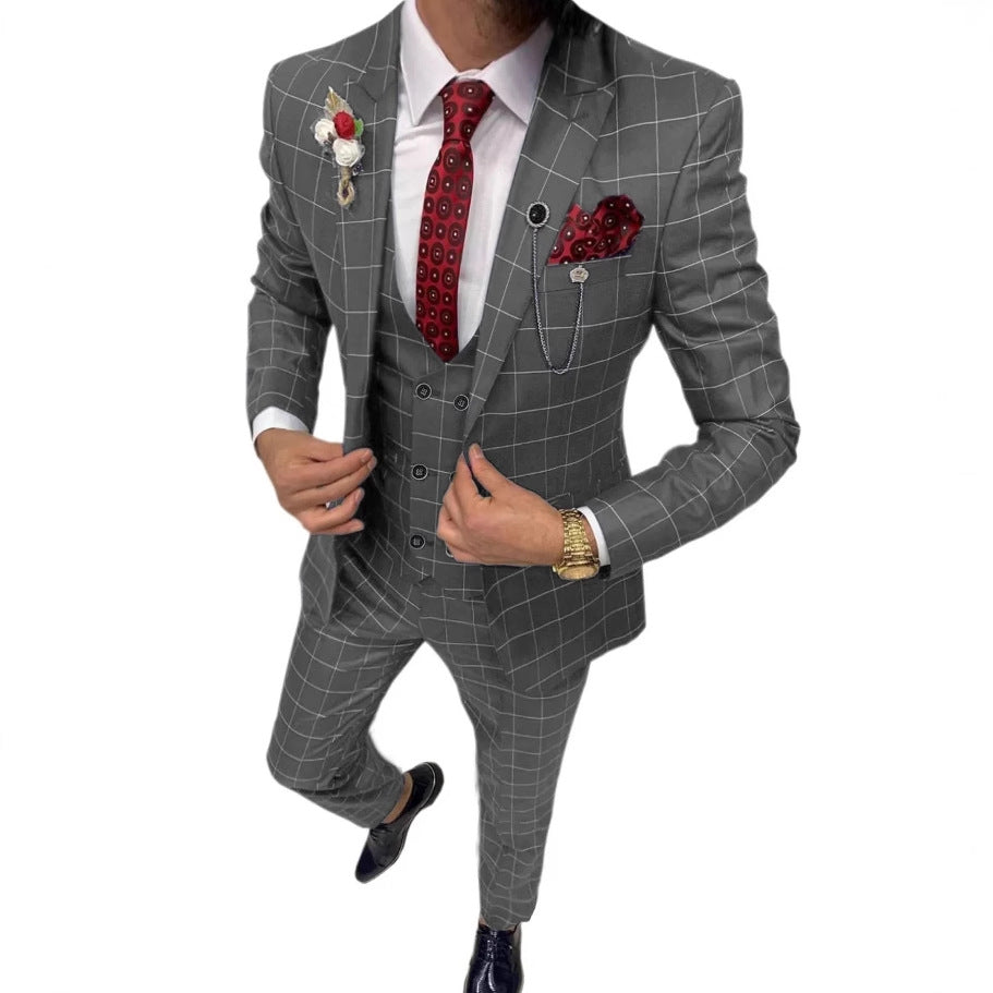 Men’s Simple Versatile Lattice Suit Three-piece Suit