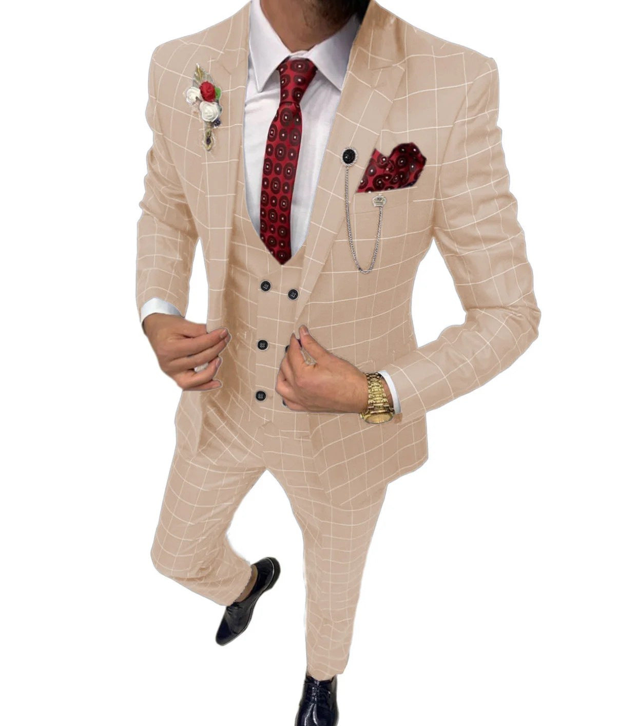 Men’s Simple Versatile Lattice Suit Three-piece Suit - Beige / XXS