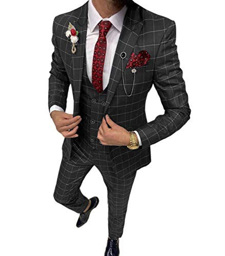 Men’s Simple Versatile Lattice Suit Three-piece Suit - Black / XXS