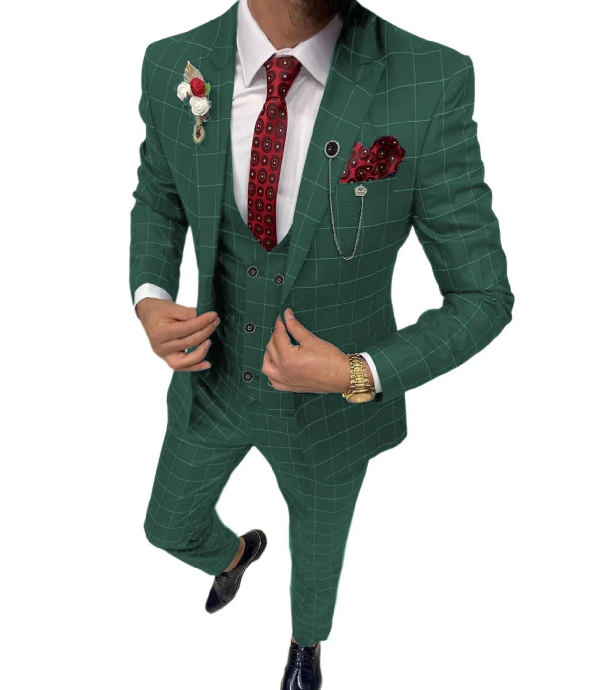 Men’s Simple Versatile Lattice Suit Three-piece Suit - Dark Green / XXS