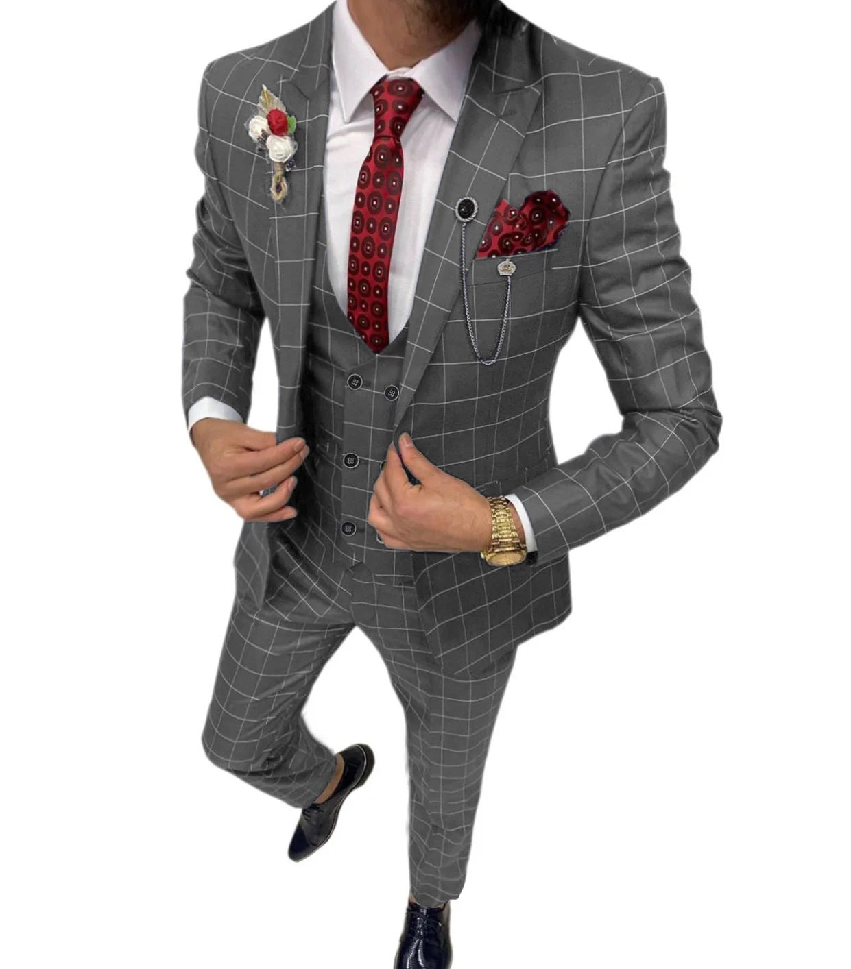 Men’s Simple Versatile Lattice Suit Three-piece Suit - Gray / XXS