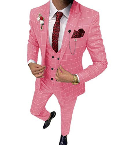 Men’s Simple Versatile Lattice Suit Three-piece Suit - Pink / XXS