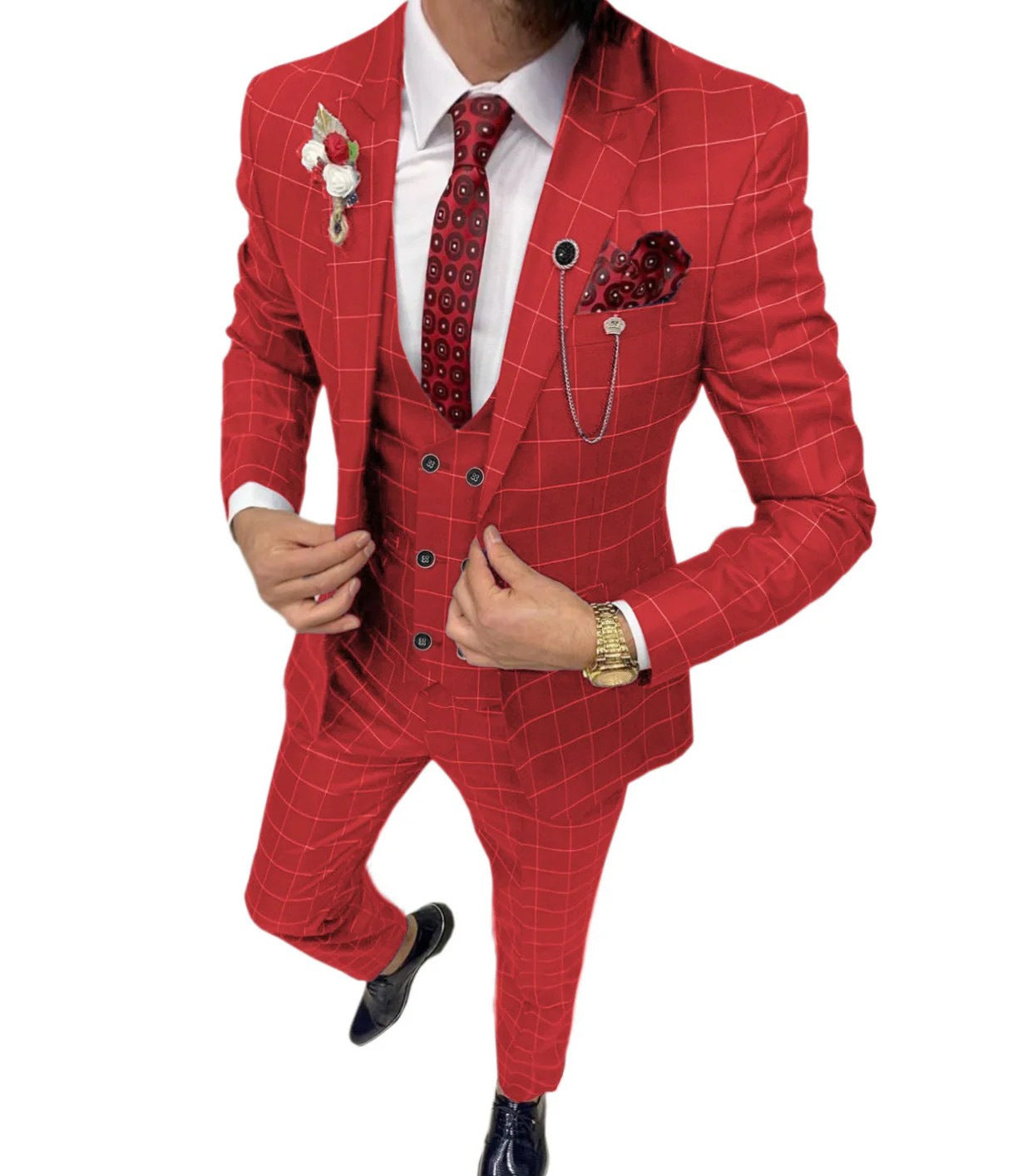 Men’s Simple Versatile Lattice Suit Three-piece Suit - Red / XXS