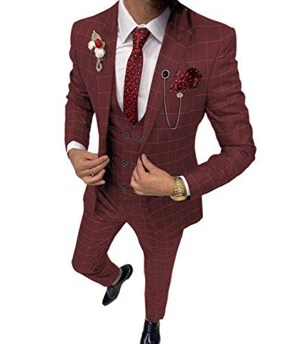 Men’s Simple Versatile Lattice Suit Three-piece Suit - Wine Red / XXS