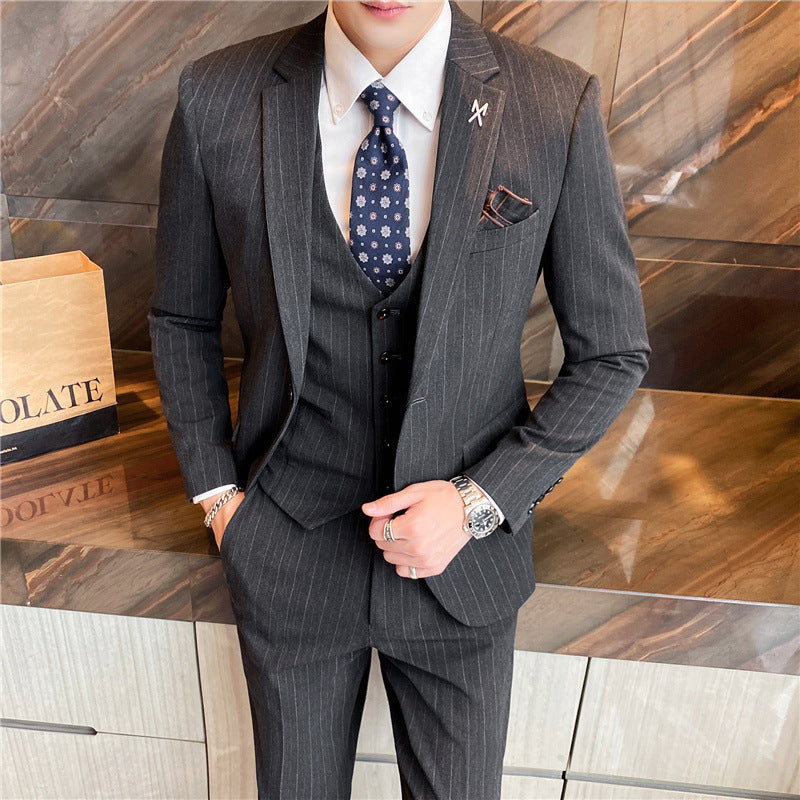Men’s slim business handsome suit professional wear - Dark Grey stripe / XL