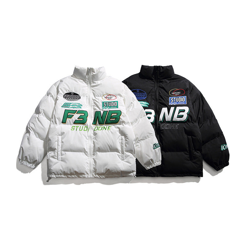 Men’s Solid Color Racing Elements Embroidered Letter Stand Collar Jacket