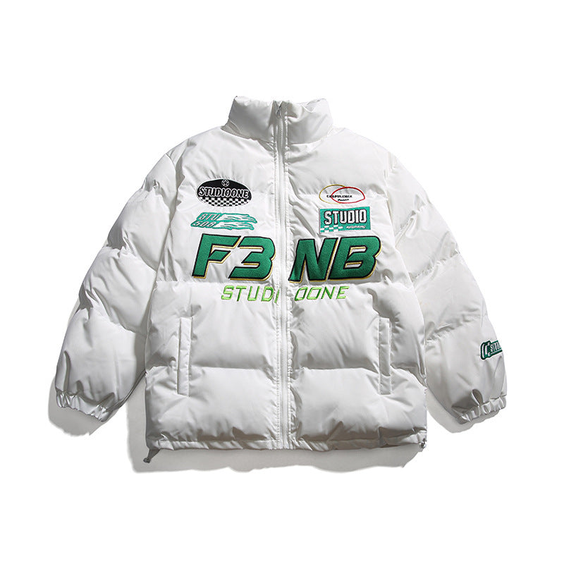 Men’s Solid Color Racing Elements Embroidered Letter Stand Collar Jacket - White / M