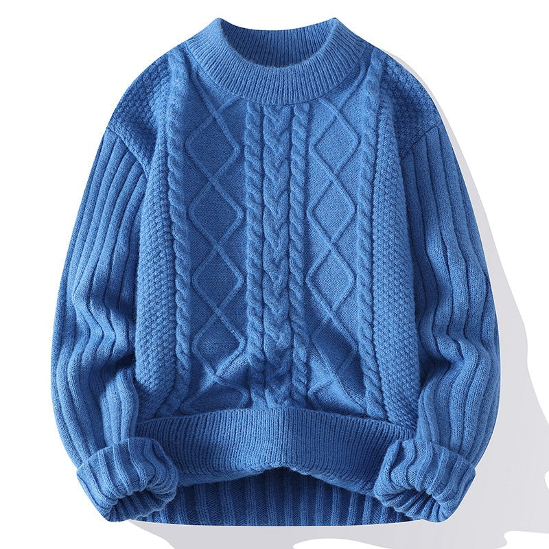 Men’s Solid Color Sweater Hong Kong Style Loose Fashion Twisted Flower - Blue / M