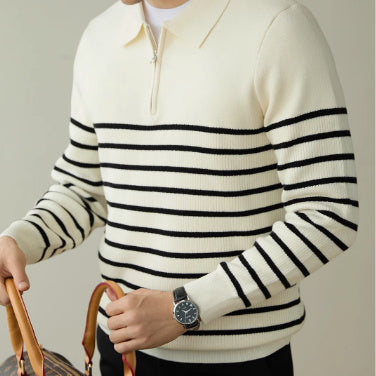 Men’s Spring And Autumn New Half Zipper Striped Business Casual Sweater - Ivory white / 2XL