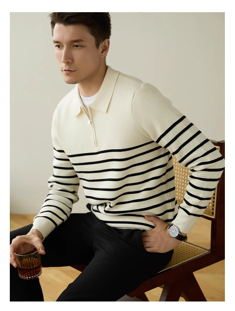 Men’s Spring And Autumn New Half Zipper Striped Business Casual Sweater