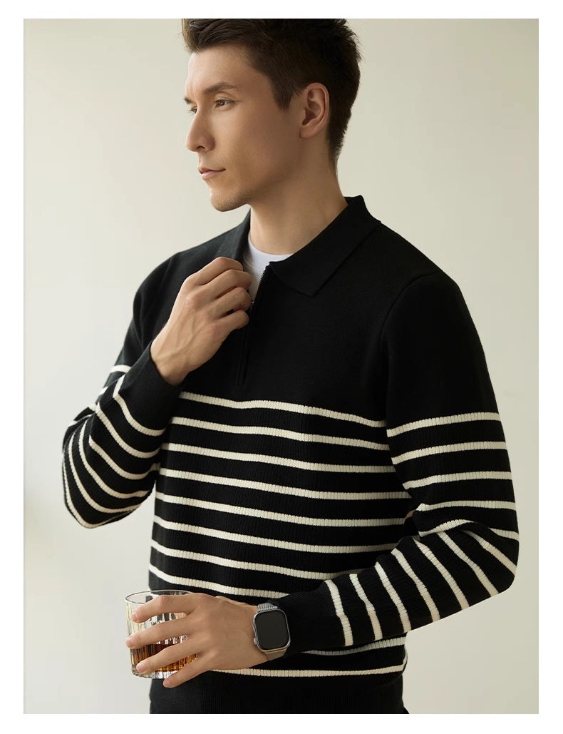 Men’s Spring And Autumn New Half Zipper Striped Business Casual Sweater - black / 2XL