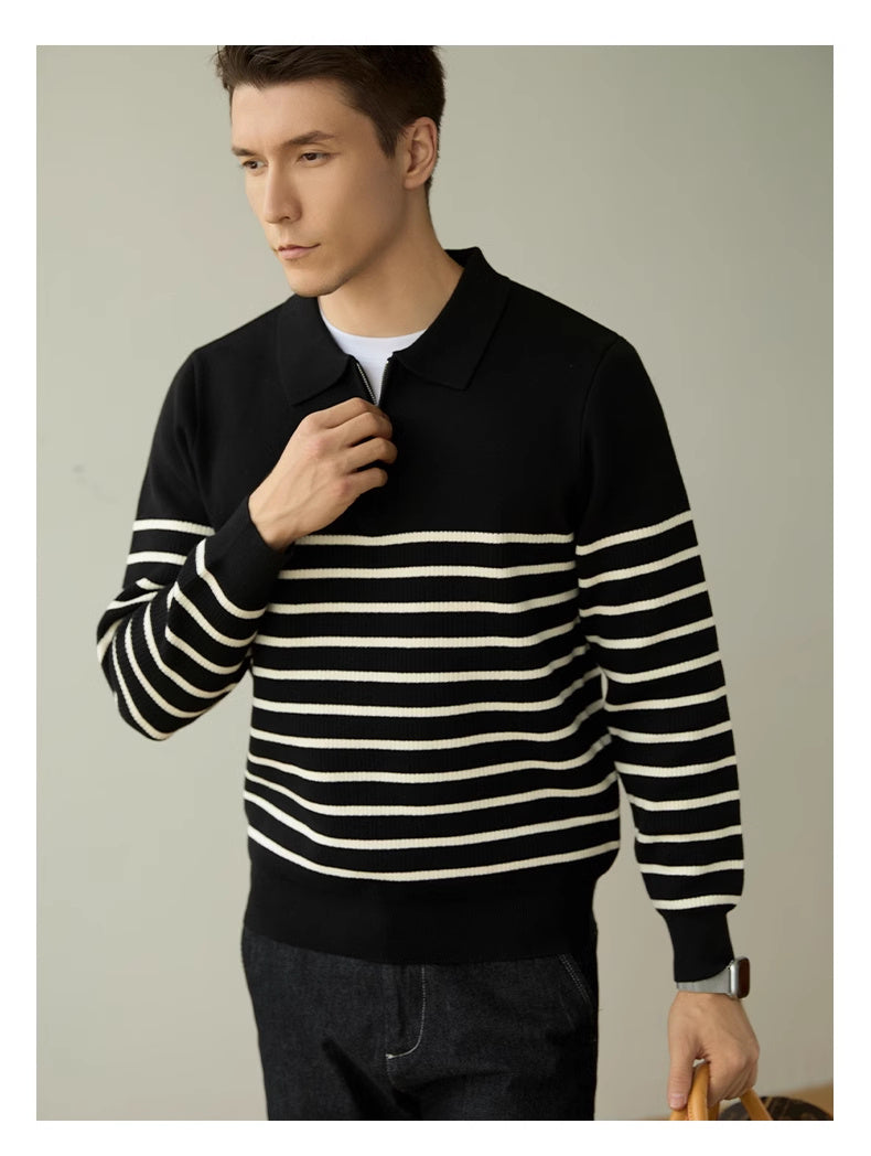 Men’s Spring And Autumn New Half Zipper Striped Business Casual Sweater