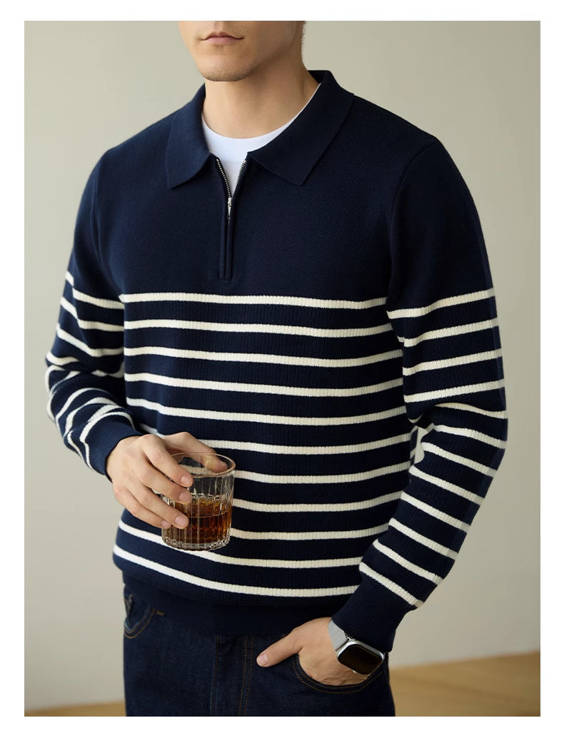 Men’s Spring And Autumn New Half Zipper Striped Business Casual Sweater - Navy blue / 2XL