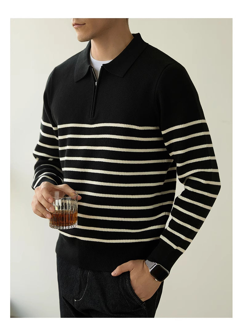 Men’s Spring And Autumn New Half Zipper Striped Business Casual Sweater