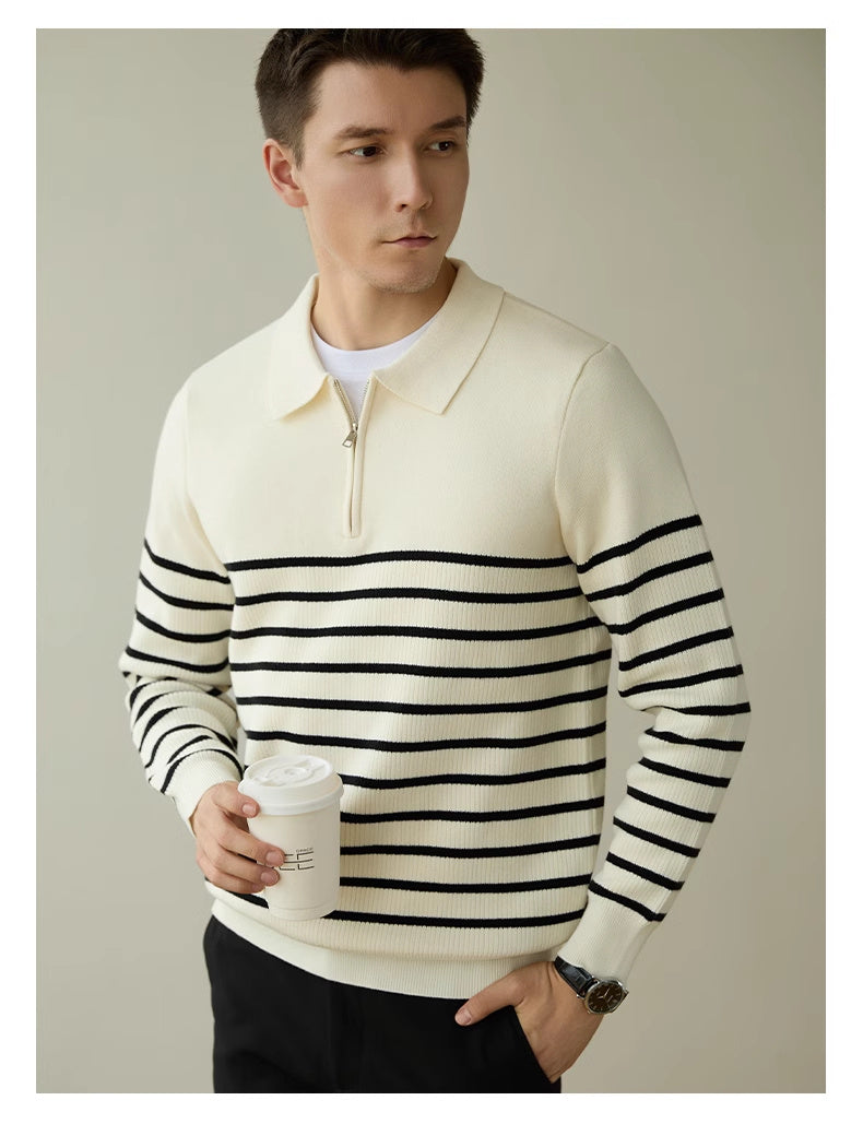 Men’s Spring And Autumn New Half Zipper Striped Business Casual Sweater