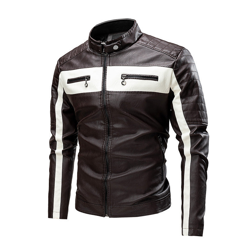 Men’s Stand Collar Retro Warm Leather Jacket - 2286 Coffee / 5XL