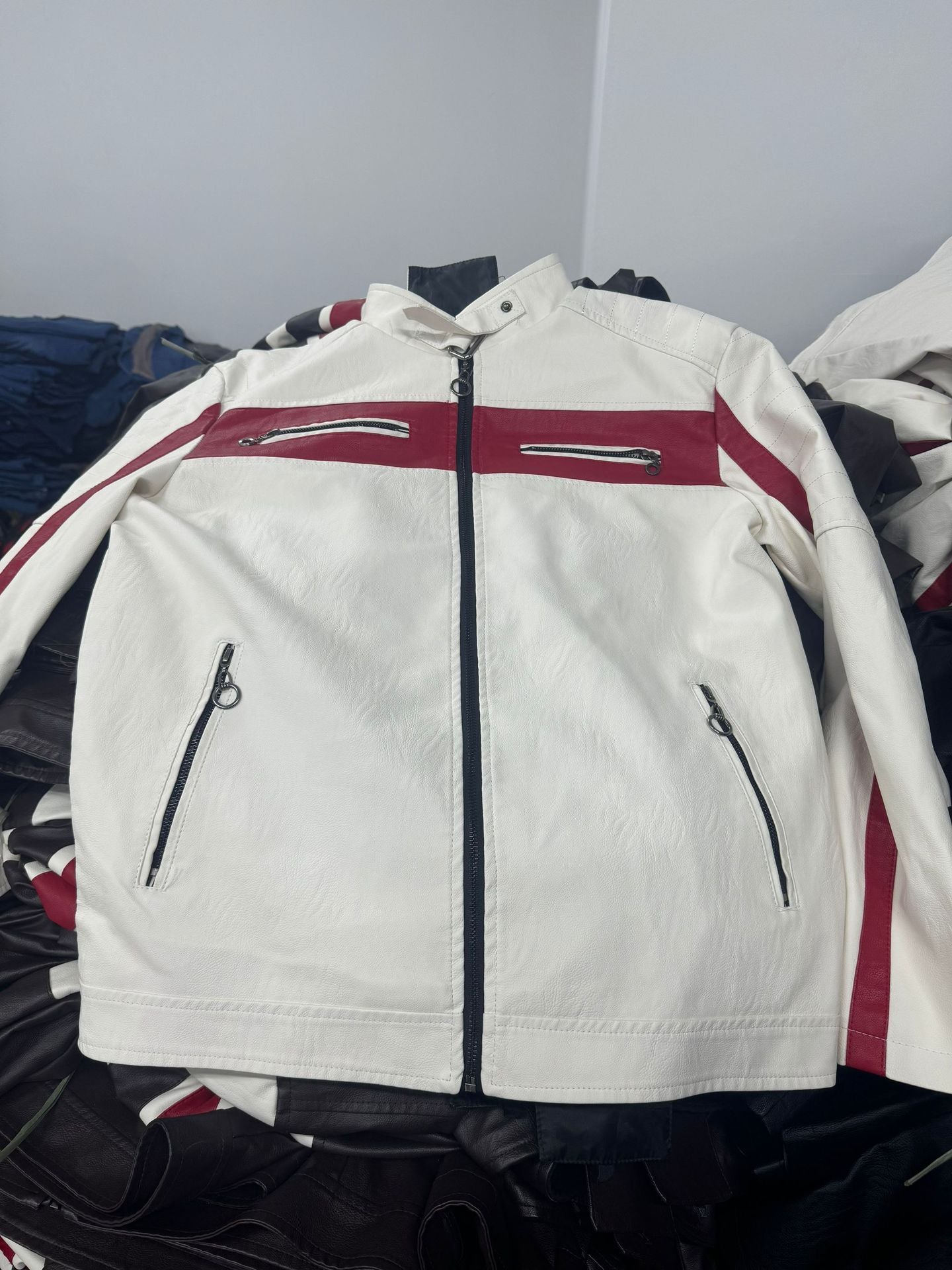 Men’s Stand Collar Retro Warm Leather Jacket - 2286 White / 5XL