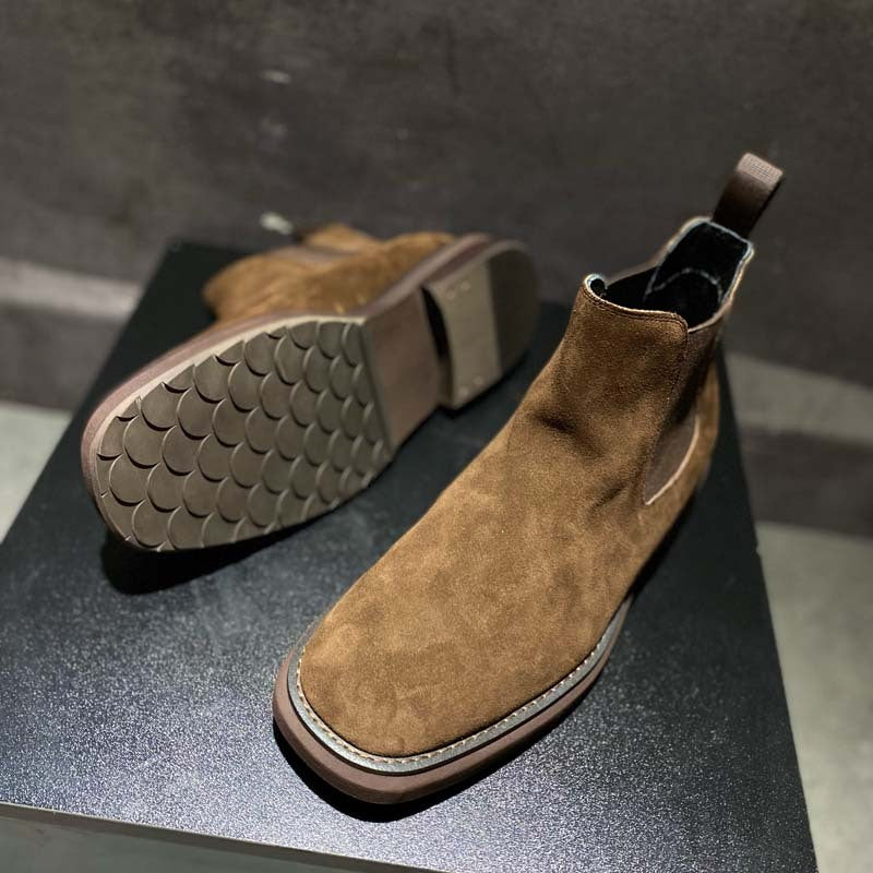 Brown suede Chelsea boots from Men’s Style Vintage Leather Martin Boots, perfect for luxury fashion online