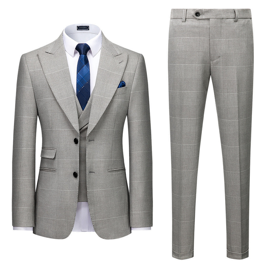 Men’s Suit Slim Fit Business Casual Gray Lattice Pattern Three-piece Suit