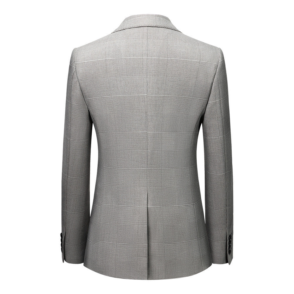 Men’s Suit Slim Fit Business Casual Gray Lattice Pattern Three-piece Suit