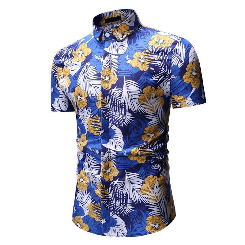 Men’s Summer Beach Short-sleeved Floral Shirt - Blue / M