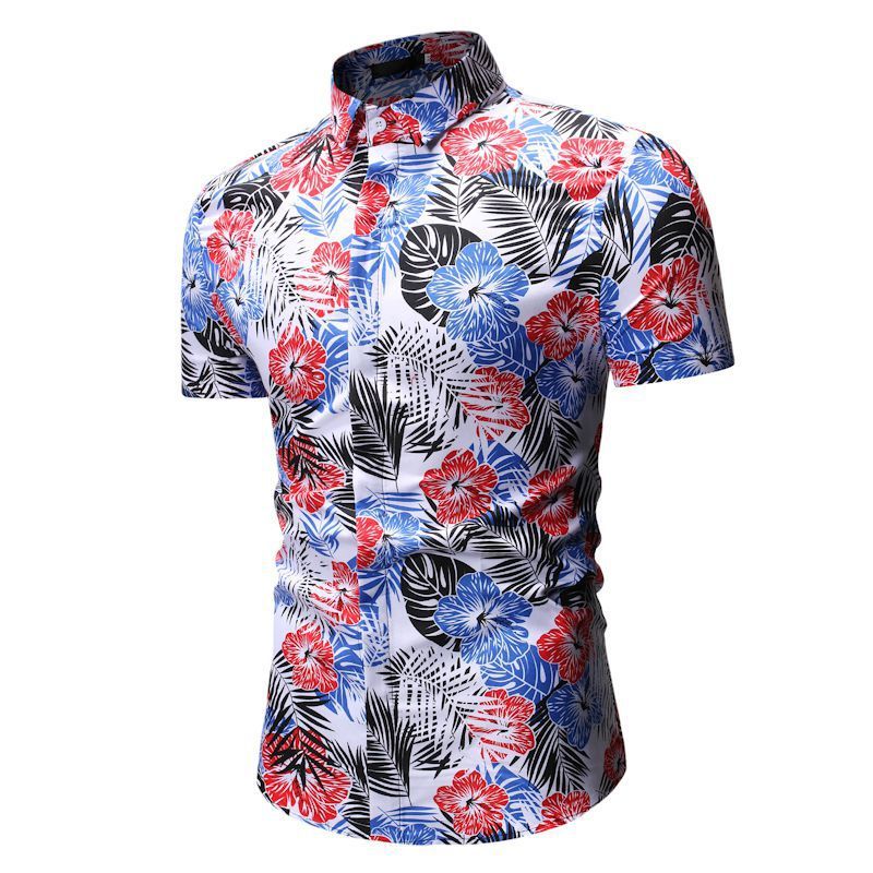 Men’s Summer Beach Short-sleeved Floral Shirt - White / M